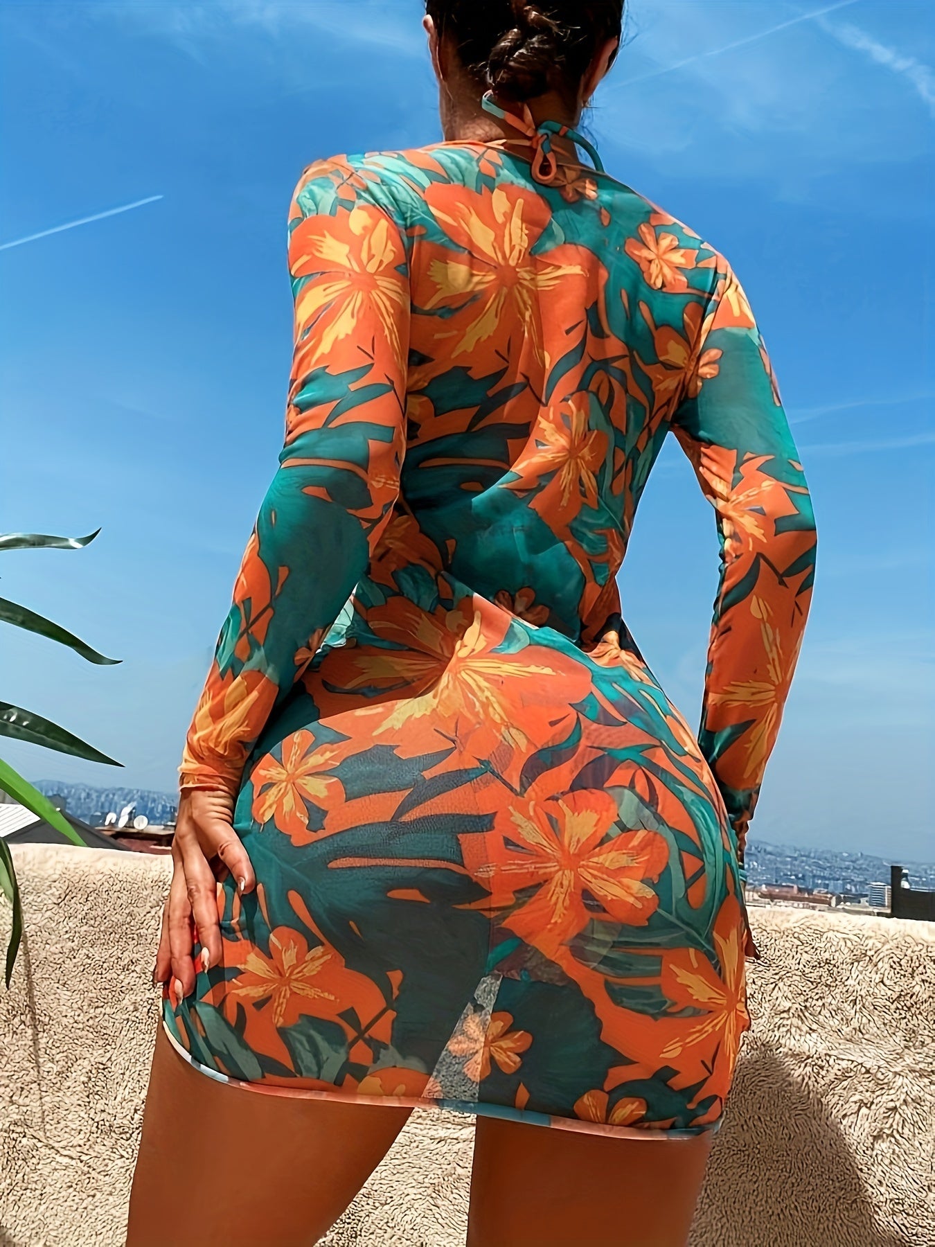 3pcs Floral Pattern Swimwear Set, Polyester and Elastane, High Stretch, Tropical Print, Long Sleeve, Deep V Neck, Lace-Up Detail, Knit Fabric, with No Belt, for Swimming